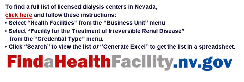 Graphic with hyperlink and instructions to find licensed dialysis centers in Nevada